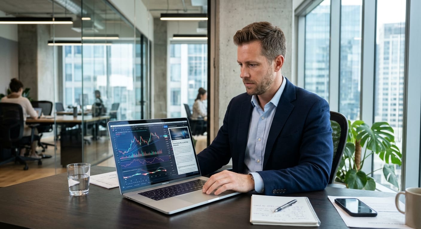 Investisseur consultant des graphiques financiers d'actions technologiques sur un ordinateur portable dans un bureau moderne