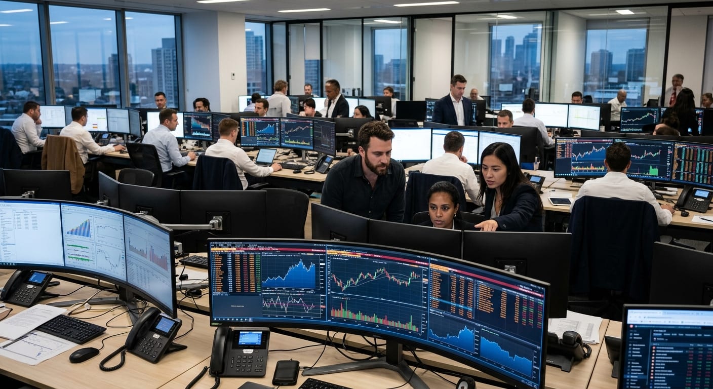 Salle des marchés moderne avec écrans affichant des données d'investissement boursier et des métriques sur l'intelligence artificielle Anthropic